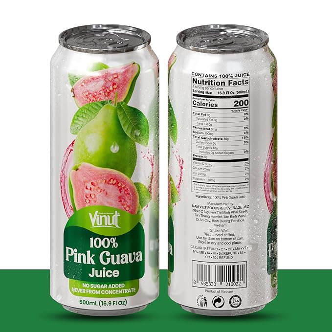 VINUT 100% Pink Guava Juice No Added Sugar Not From Concentrate 16.9 fl oz (500 mL) Can Pack of 12
