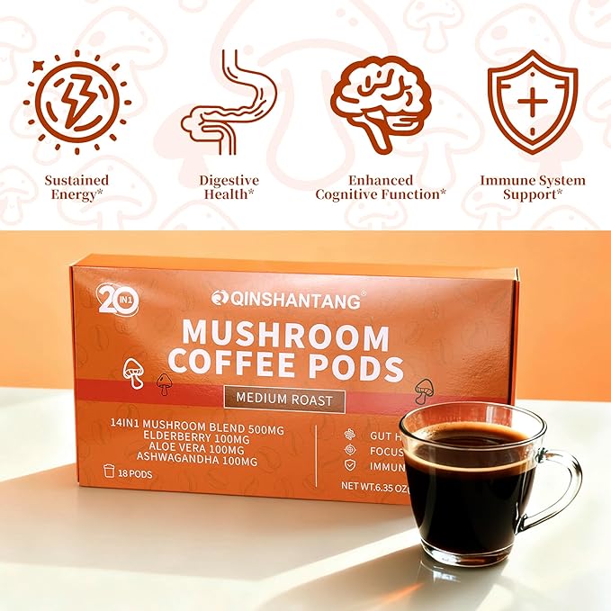 Mushroom Coffee K Cup 18 Count Ground Arabica Coffee Powder 14 Mushrooms Supplement Ashwagandha Elderberry Aloe Vera | Immune Support Gut Health &amp Focus | Single Serve Pods Medium Roast