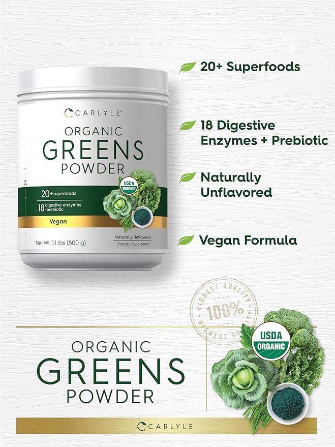 Carlyle Organic Greens Powder | 17.6 oz Supplement | Relieves Occasional Gas discomfort &amp Bloating | with 20+ Superfoods 18 Digestive Enzymes and Prebiotics | Vegan Non-GMO and Gluten Free
