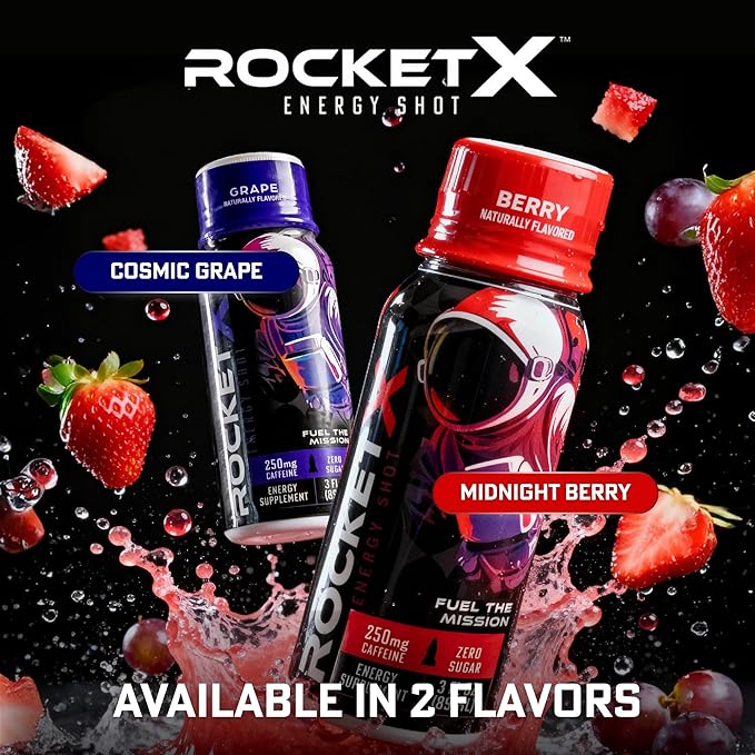 RocketX Energy Drink Zero Sugar Zero Calorie Beverage with Caffeine and B Vitamins Grape Flavor 3 fl oz Portable Bottle Pack of 12