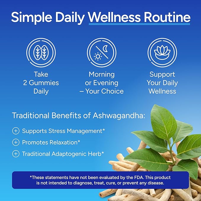 Sugar-Free Ashwagandha Gummies for Stress Sleep &amp Mood Support - High-Potency 30:1 Ashwagandha Supplement Extract - Vegan Adaptogen Supplement for Women &amp Men Natural Flavor Plant-Based 90