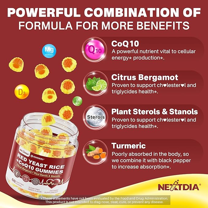 Red Yeast Rice Gummies 2400MG with CoQ10 Suagr Free Balanced Chṏlesterṏl Supplements Plus Citrus Bergamot Plant Sterols &amp Stanols Supports Vḁsculḁr Health Energy Immunity for Age 50+Vegan60