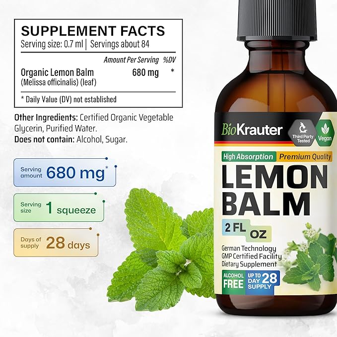BIO KRAUTER Lemon Balm Tincture 2 Fl. Oz. &amp Ashwagandha 90 Gummies.