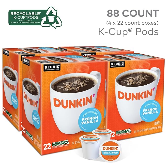Dunkin' Donuts French Vanilla Keurig Single Serve K-Cup Pods Light Roast 22 Pods Per Pack Case Of 4 Packs
