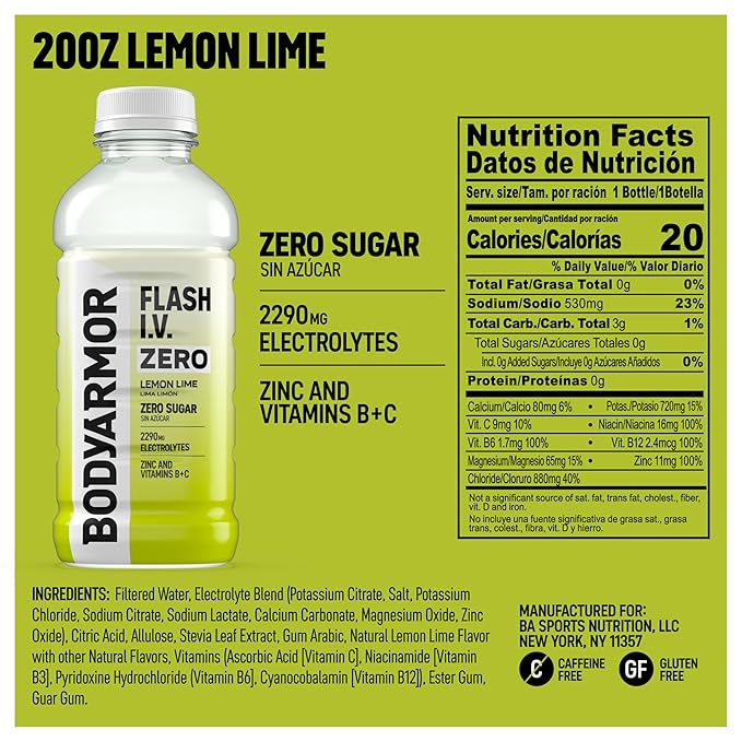 BODYARMOR Flash I.V. Zero Sugar Electrolyte Beverage Lemon Lime Hydration Drink For Rapid Rehydration Post Workout Recovery 20 Fl Oz (Pack of 12)