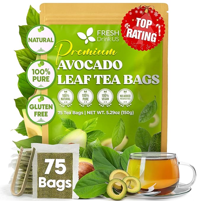 FreshDrinkUS Avocado Leaf Tea Bags | 75 Count | Premium Dried Avocado Leaves Herbal Tea – Caffeine Free Botanical Tea – Fresh Smooth &amp Earthy Flavor. Sugar Free. Vegan