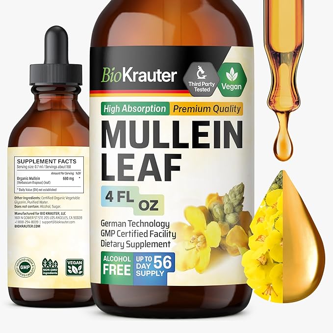 BIO KRAUTER Mullein Drops for Lungs 4 Fl. Oz - 56 Days of Supply - Pure Mullein Leaf Extract for Lung Detox &amp Cleanse - Vegan Respiratory Supplements - Non-GMO No Sugar &amp Alcohol