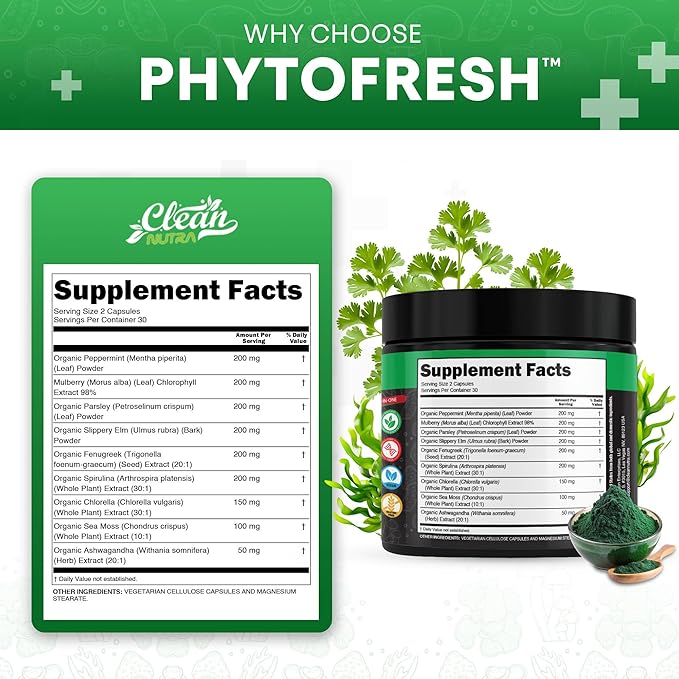 Clean Nutra Chlorophyll Capsules Supplement Internal Deodorant Peppermint Sea Moss Parsley Chlorella Spirulina Slippery Elm Ashwagandha PhytoFresh Greens Detox Pills
