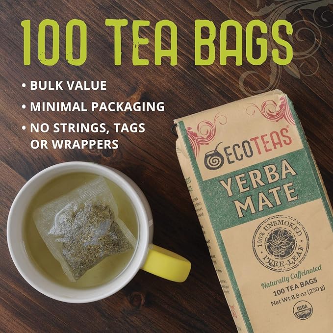 ECOTEAS PremiumOrganic Yerba Mate Tea Bags – Natural Energy &amp Detox Herbal Tea – Coffee Alternative - Kosher Non-GMO Gluten-Free - 100 Unsmoked Bulk Bags 8.8 oz (Pack of 3)