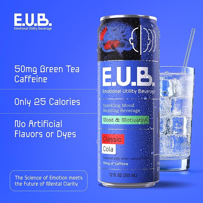 E.U.B. Classic Cola Sparkling Functional Beverage 12oz Can 50mg Caffeine 25 Calories with Nootropics &amp Adaptogens for Mood &amp Energy Support