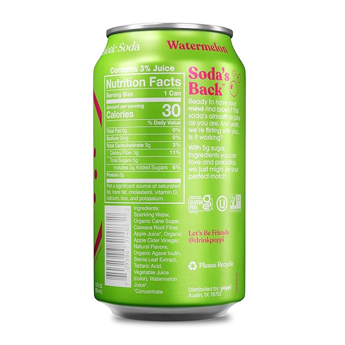 Poppi Sparkling Prebiotic Soda Beverage with Apple Cider Vinegar Seltzer Water and Fruit Juice Watermelon Flavor 12 oz Pack of 12 Packaging May Vary