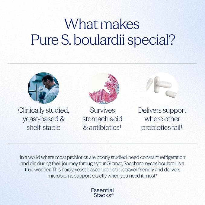 Essential Stacks Saccharomyces Boulardii Probiotics (Non-GMO &amp Gluten Free) - 5 Billion CFUs for Gut Health (60 Capsules)