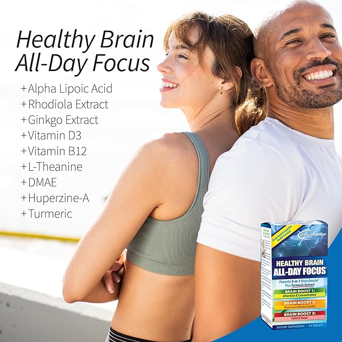 Applied Nutrition Healthy Brain All-Day Focus - 50 Tablets Pack of 2 - Powerful 3-in-1 Brain Booster with Turmeric Extract - 50 Total Servings