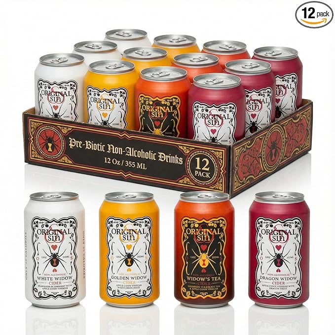 Original Sin Non Alcoholic Cider - Variety PAck | Sparkling Apple Cider Vinegar Drink with 25% Fruit Juice | Sugar Free Non Alcoholic Drinks- 4 Flavours with 3 Cans Each