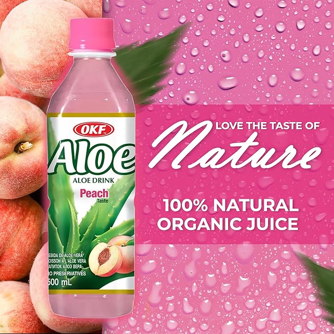 OKF Aloe Vera Drink Juice with Pure Aloe Pulp Variety 16.9 oz. (Peach Pack of 20) Plant Based Drink Korean drinks