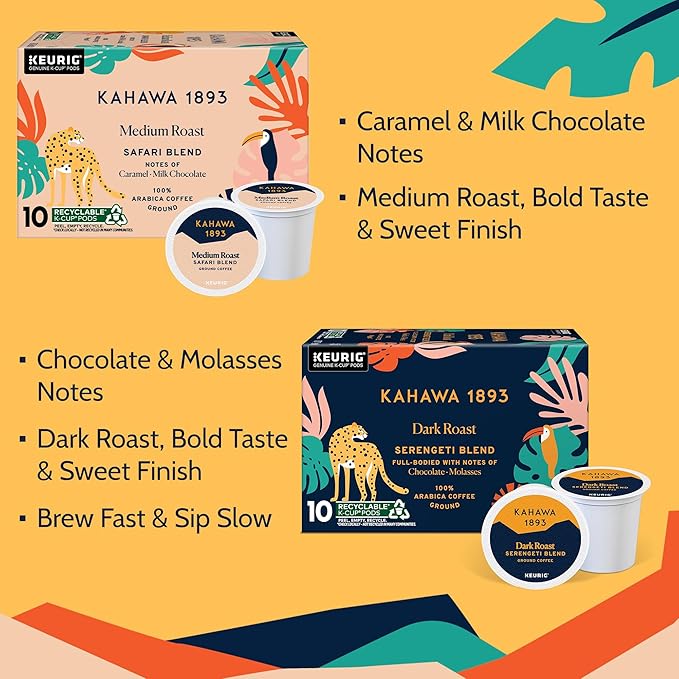 Kahawa 1893 Variety Pack Coffee K-Cup Pods - Safari &amp Serengeti Blend (40 Count) - As Seen on Shark Tank 2 Boxes Medium Roast + 2 Boxes Dark Roast Ethically &amp Sustainably Sourced