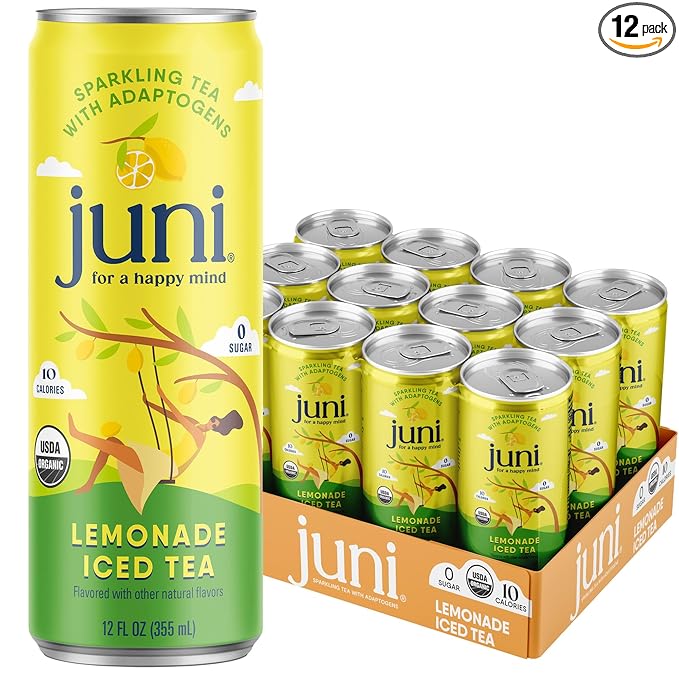 Juni Sparkling Adaptogen Drink with Ashwagandha Lion’s Mane &amp Reishi Mushrooms Green Tea for Focus Zero Sugar 10 Calories Organic Non Alcoholic Drinks - Lemonade Iced Tea 12 pack