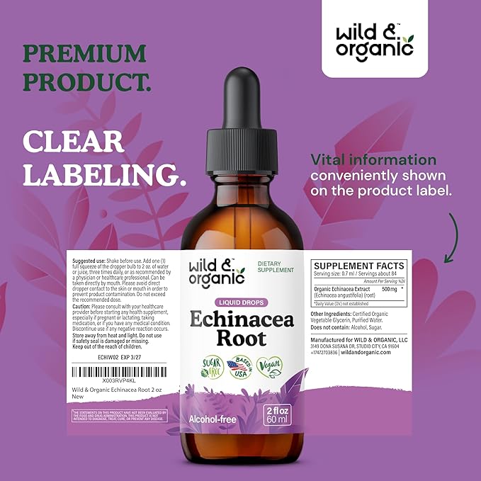 Wild &amp Organic Echinacea Tincture - Immune Support Drops with Liquid Echinacea Root Extract - Angustifolia Supplements - Vegan Sugar &amp Alcohol-Free - 2 fl oz