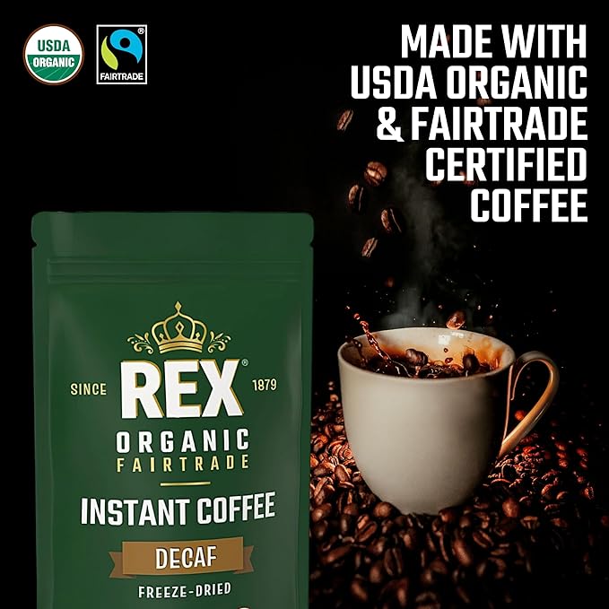 Rex Organic Fairtrade Natural Decaf Freeze-Dried Instant Coffee – Naturally Decaffeinated Arabica 7.05 oz Resealable Pouch Bag – Lab Tested for Mold &amp Mycotoxins
