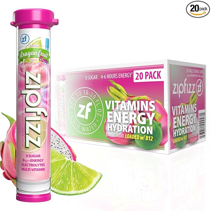 Zipfizz Daily Energy Drink Powder Dragon Fruit Lime 20 Pack | 3-in-1 Sustained Energy Rapid Hydration and Essential Vitamins | Sugar-Free | Electrolyte Powder | Contains Vitamin B-12 &amp Antioxi