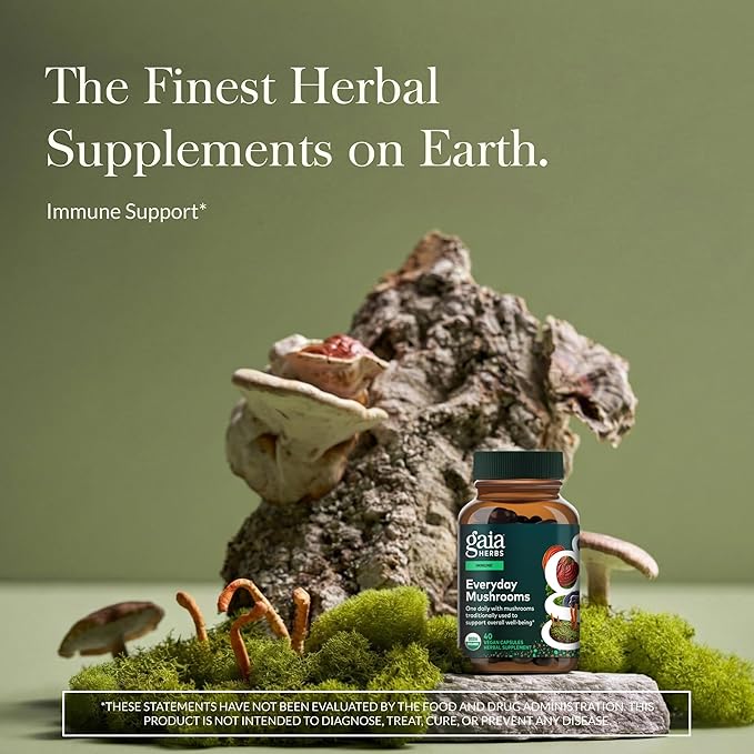 Gaia Herbs Everyday Mushrooms - Immune Support Mushroom Supplement for Daily Health Support* - with Reishi Cordyceps Turkey Tail Shiitake &amp Chaga Mushrooms - 40 Vegan Capsules (40 Servings)