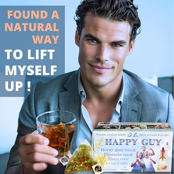 Dr. Lu’s Happy Tea for Guy | 100% Natural Energy Tea for Men | Supports Prostate Vitality &amp Fertility | 11-Herb Blend with Maca Corn Silk &amp Hibiscus in Corn Fiber Tea Bags Made in USA