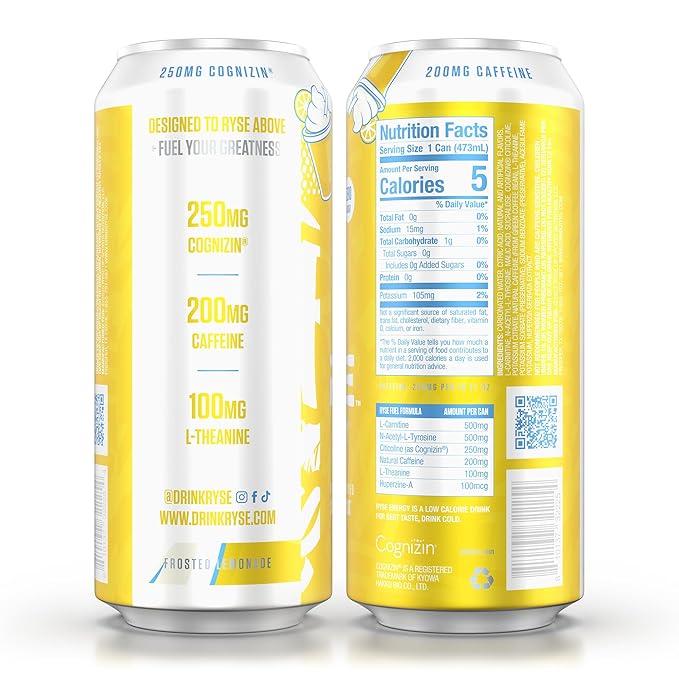 RYSE Fuel Energy Drink - Frosted Lemonade - Sugar Free - 200mg Natural Caffeine New Formula to Supports Cognitive Health &amp Improves Focus - No Artificial Colors - 16 fl oz Cans (12-Pack)