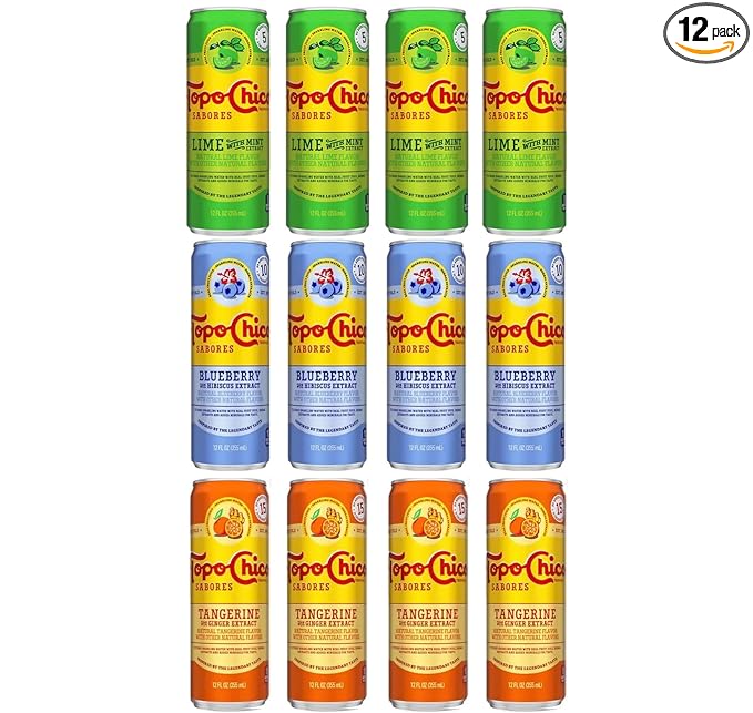 Topo Chico Sabores Variety Pack - Tangerine Ginger Blueberry Hibiscus &amp Lime Mint | 3 Flavors | 12 Fl Oz (Pack of 12)