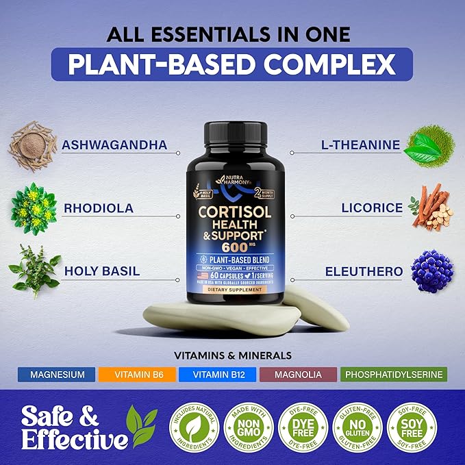 Cortisol Supplement for Women - Holy Basil | Ashwagandha | Rhodiola | L-Theanine - Plant-Based Hormone Balance - Mood Focus &amp Sleep Support - Made in USA - Vegan Non-GMO - Pack of 2 4 Month Sup