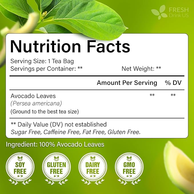 FreshDrinkUS Avocado Leaf Tea Bags | 75 Count | Premium Dried Avocado Leaves Herbal Tea – Caffeine Free Botanical Tea – Fresh Smooth &amp Earthy Flavor. Sugar Free. Vegan