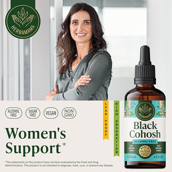 HERBAMAMA Black Cohosh Tincture - Vegan Women's Support with Black Cohosh Root Extract Drops - Non-GMO Alcohol &amp Sugar-Free Liquid Herbal Supplement 168-Day Supply