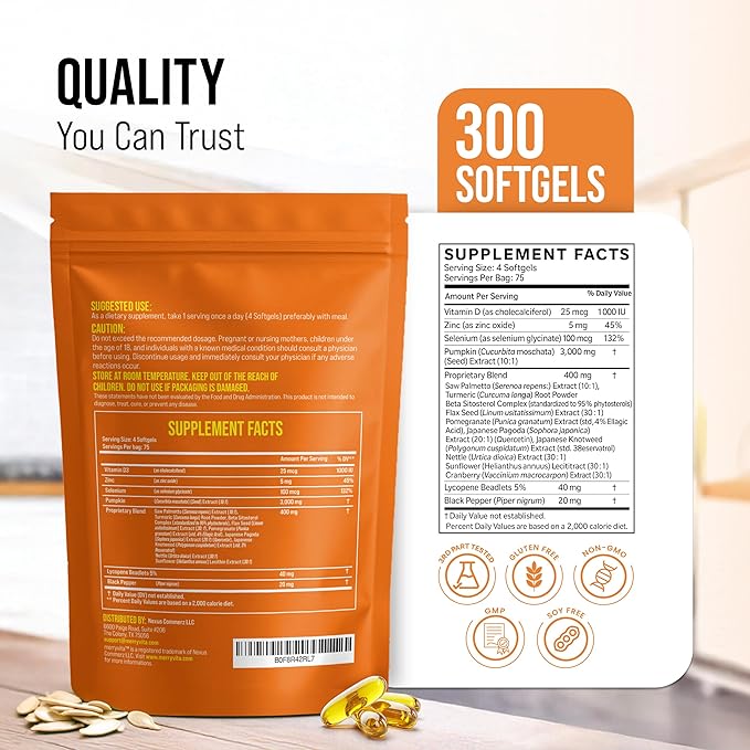 Pumpkin Seed Oil with Saw Palmetto Turmeric Nettle &amp More | 3000mg Per Serving 300 Softgels | Cold Pressed Extra Virgin | Prostate Health Supplements for Men | Non-GMO