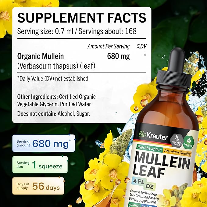 BIO KRAUTER Mullein Drops for Lungs 4 Fl. Oz - 56 Days of Supply - Pure Mullein Leaf Extract for Lung Detox &amp Cleanse - Vegan Respiratory Supplements - Non-GMO No Sugar &amp Alcohol