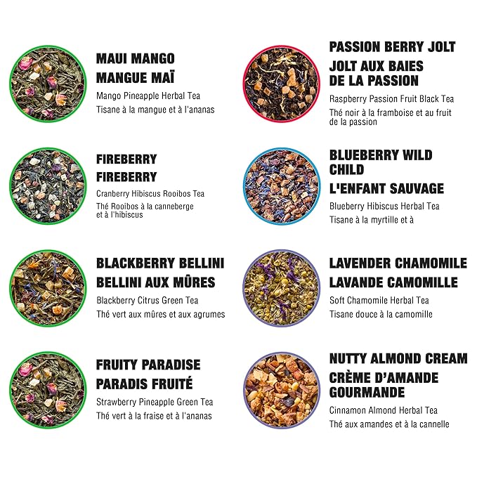 Tiesta Tea - Top 8 Favorites Sampler Set Loose Leaf Up to 80 Cups High to No Caffeine Hot &amp Iced Tea Variety Pack with Green Herbal &amp Black 8 Sample Pouches