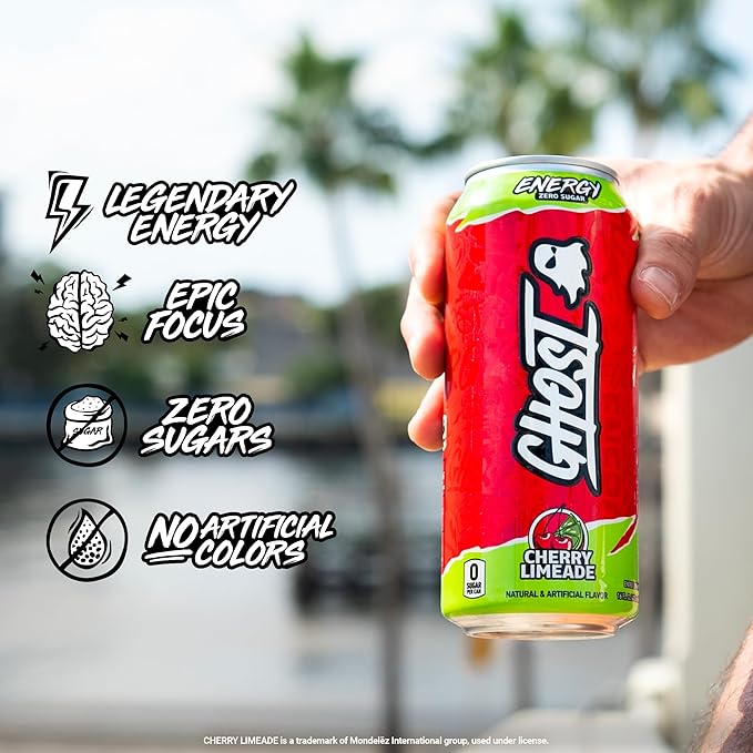 GHOST Energy Drink - 12-Pack Cherry Limeade 16oz - Energy &amp Focus &amp No Artificial Colors - 200mg of Natural Caffeine L-Carnitine &amp Taurine - Gluten-Free &amp Vegan