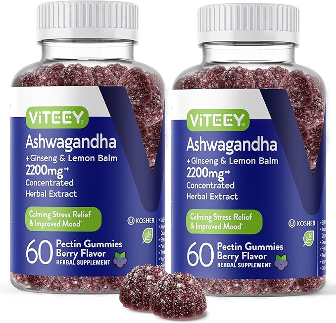 Viteey Ashwagandha Gummies with Ginseng &amp Lemon Balm - Mood Calm &amp Stress Support Ashwagandha Supplements - Vegan Gluten-Free - 120 Count
