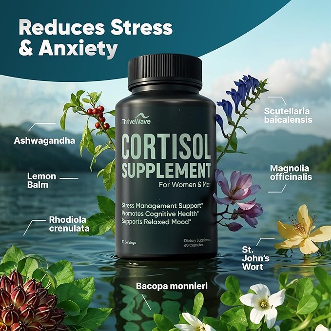Cortisol Supplements for Women &amp Men - Bacopa Monnieri Lemon Balm Ashwagandha with 5 HTP GABA L-Theanine Supplement - Stress &amp Mood Support for Adults - Happy Pills for Nerve Calm - 60 Cap