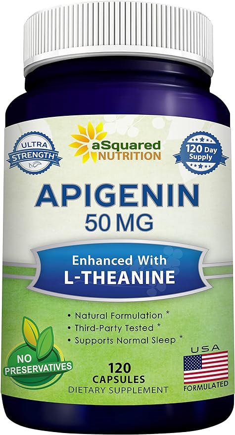 aSquared Nutrition Apigenin 50mg &amp L-Theanine 200mg - 120 Capsules - Apigenin Supplement Pills for Sleep and Relaxation - Natural Bioflavonoid Extract Found in Chamomile Tea
