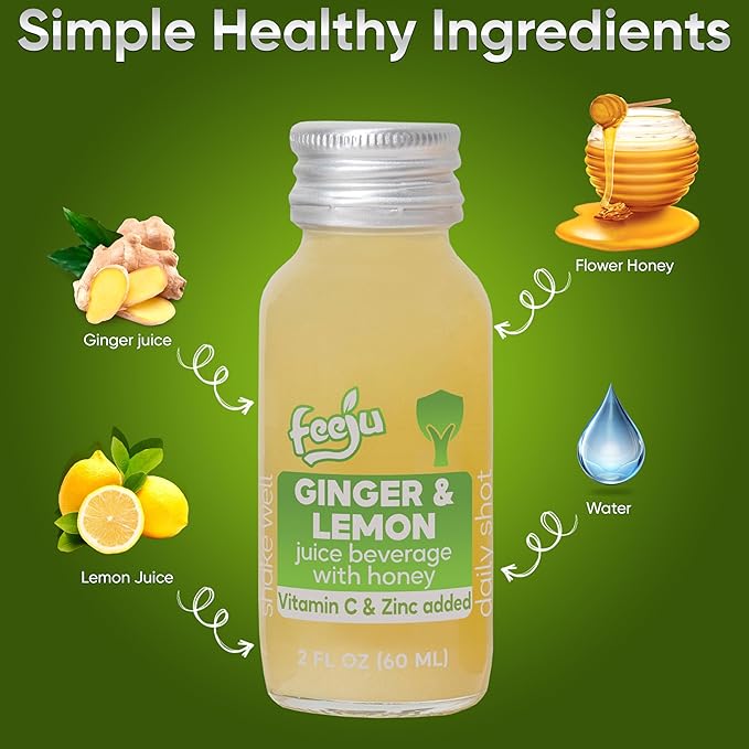 15 Pcs Lemon &amp Ginger Shots with Honey - 60ml Hand-squeezed Immunity Shots for Digestion and Energy Boost – No Allergens with Vitamin C and Zinc