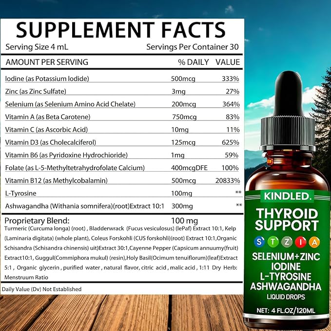 Kindled Thyroid Support Drops | Selenium Zinc Iodine L-Tyrosine Ashwagandha Liquid Drops Thyroid Bloom | Body Balance &amp Support - 4 FL.OZ (1)