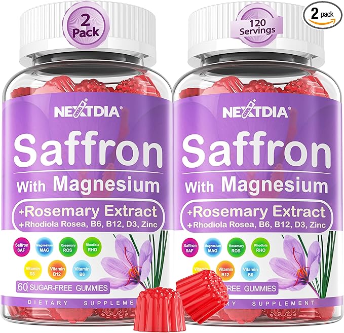Saffron Supplements Gummies - 4 Months Supply - Saffron Extract 177mg 88.5mg w/Magnesium Glycinate 400mg 200mg Rhodiola Rosea Rosemary B6 B12 D3 for Calm Nerve Rest Focus Sugar-Free 2 Pack
