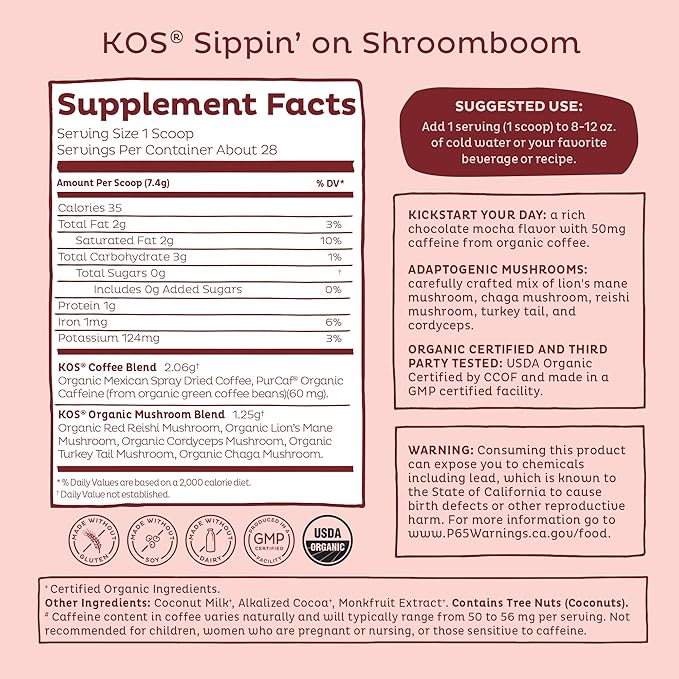 KOS Mushroom Coffee - USDA Certified Organic - Dark Chocolate Mocha Flavor - Mushroom Coffee Latte Powder with Reishi Cordyceps Lion's Mane Chaga &amp Turkey Tail Mushrooms