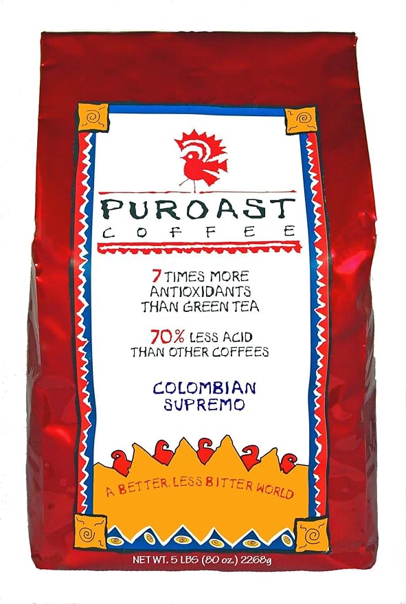 Puroast Low Acid Whole Bean Coffee Colombian Supremo Blend High Antioxidant 5 Pound Bag