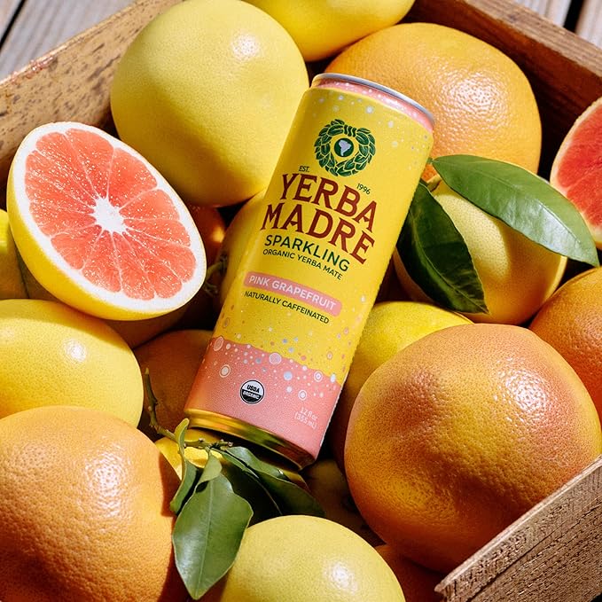 Yerba Madre Organic Sparkling Yerba Mate Pink Grapefruit 115mg Natural Plant Based Caffeine Smooth Energy &amp Focus Carbonated 12oz Cans (Pack of 12) (Packaging May Vary)