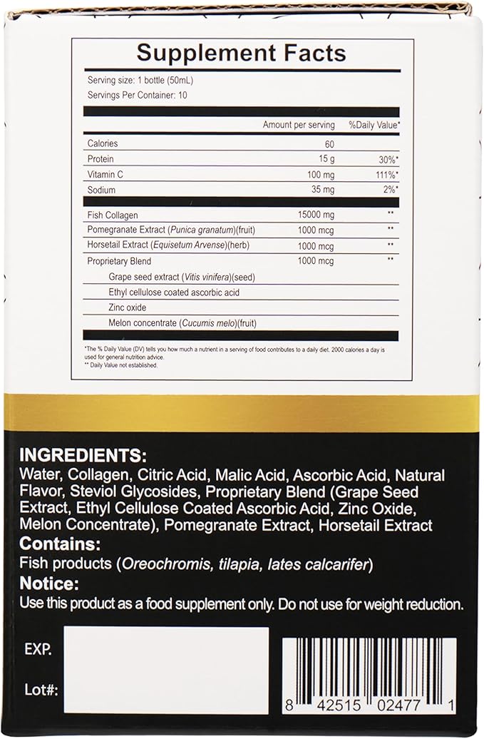 Diamond Marine Collagen Drink for Women and Men 15000mg Hydrolyzed Collagen Peptides with Vitamin C Pomegranate Healthy Hair Skin Nails Joints Bones Support 50 ml x 10 Bottles