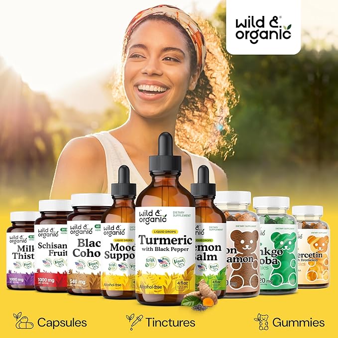 Wild &amp Organic Turmeric Tincture - Turmeric Curcumin with Black Pepper Extract - Mobility Support Supplement - Curcumin Root Liquid Drops - Vegan Sugar &amp Alcohol-Free - 4 fl oz