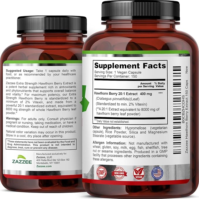 Zazzee Extra Strength Hawthorn Berry 20:1 Extract 2% Vitexin 150 Vegan Capsules 5 Month Supply Crataegus Pinnatifida Antioxidant &amp Circulation Support 10X Concentrated Non-GMO Made in the