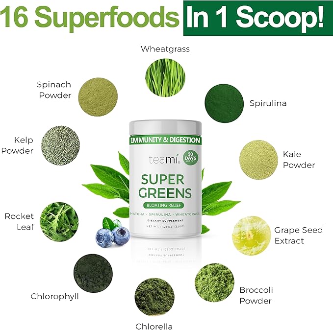 Teami Organic Super Greens Powder for Immunity &amp Digestion Non-GMO Greens Superfood Powder to Support Energy 16 superfood Ingredients Sugar-Free Veggie Powder for Juice &amp Smoothie 32 Servi