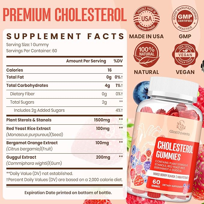 Cholesterol Supplement with Plant Sterols &amp Stanols Guggul Bergamot Orange Extract Red Yeast Rice Cholesterol Complex Gummies Mixed Berry Flavor 120 Counts