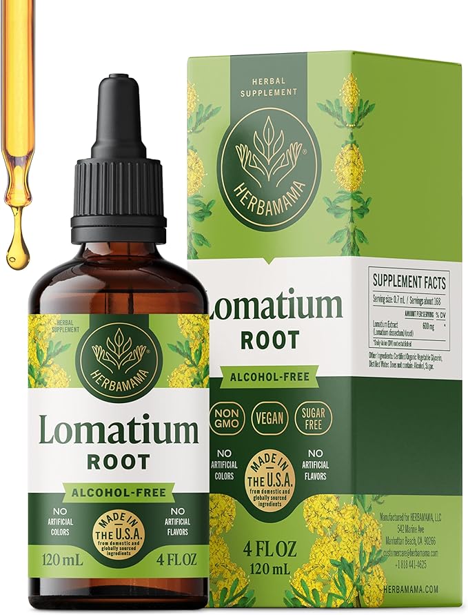 HERBAMAMA Lomatium Root Tincture - Vegan Lomatium Dissectum Extract for Lung Cleanse &amp Detox - Non-GMO Alcohol &amp Sugar-Free Respiratory Lung Support Supplement 56-Day Supply